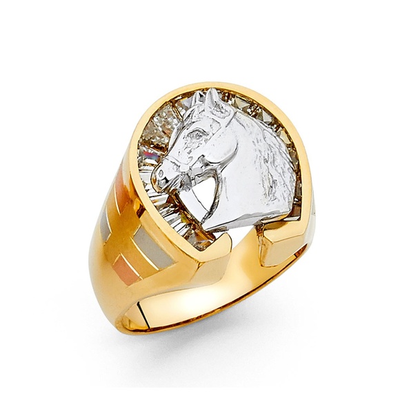 14K Two Tone Gold CZ Lucky Horseshoe Men's Ring
